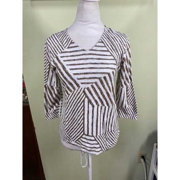 Weekends By Chico's Sz 0 Small Brown White Stripe 3/4 Sleeve Cotton Blouse Beach - Picture 1 of 7